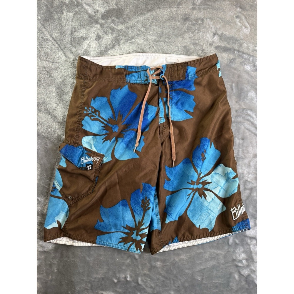 Billabong Y2K Floral Blue Hibiscus Print Board Shorts Swim Sz Large Brown